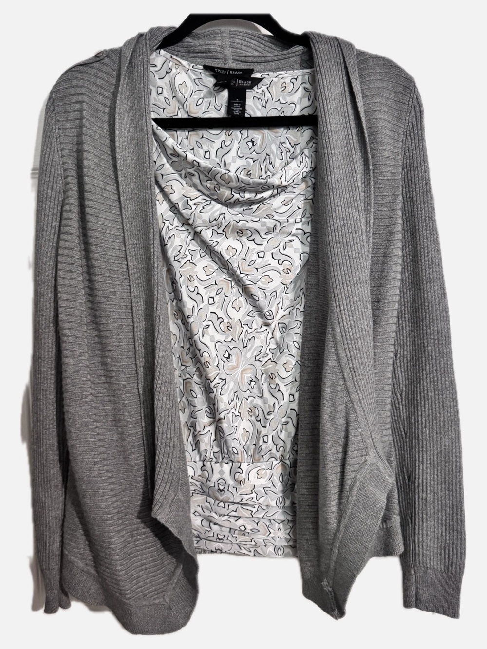 White House Black Market Gray Open-Front Ribbed Cardigan and Patterned Tank Top